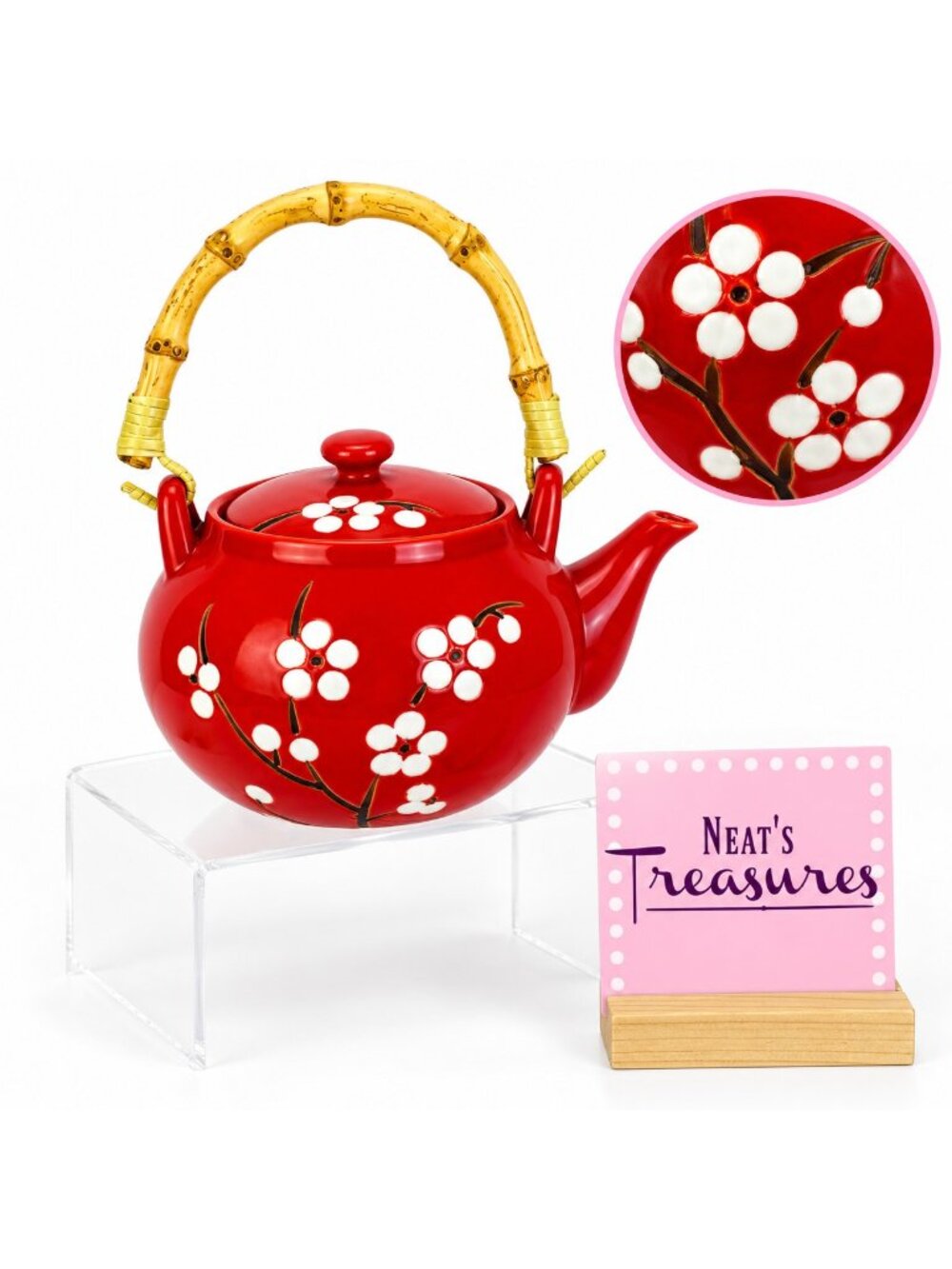 World Market CHERRY BLOSSOM Red White Stoneware Wooden Handle Lidded Tea Pot